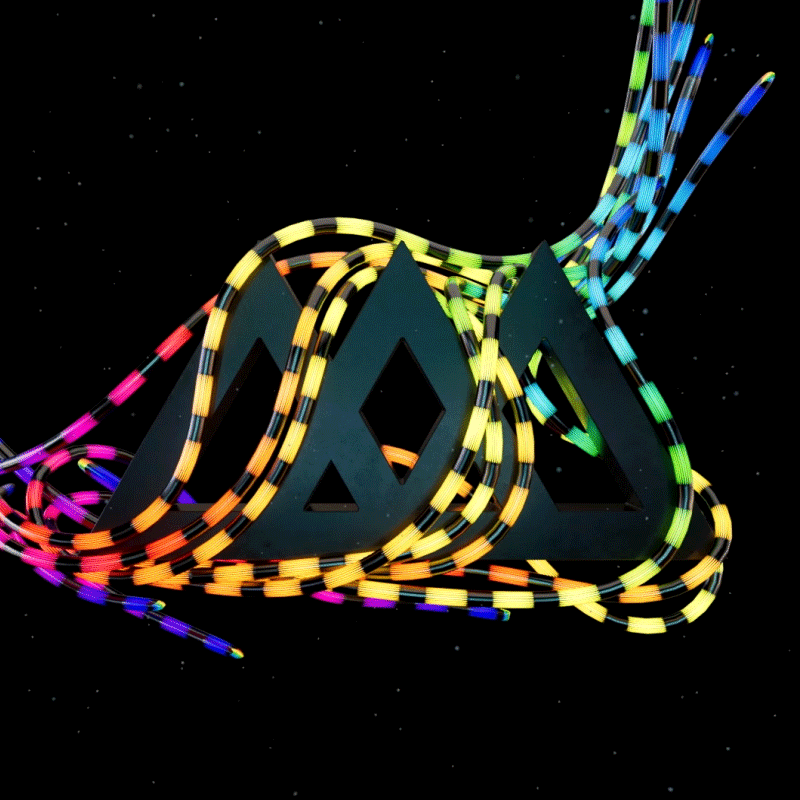 Soft body dynamic simulation of rainbow noodles on a 3d logo.