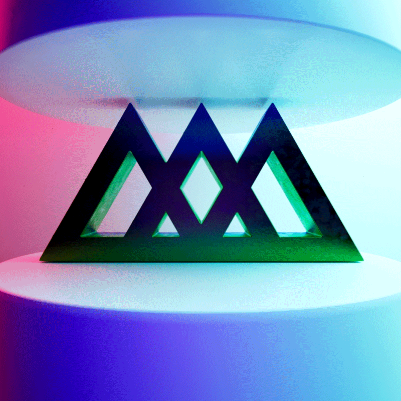 Soft body dynamic simulation of 3d balloon logo being squished by pillars.