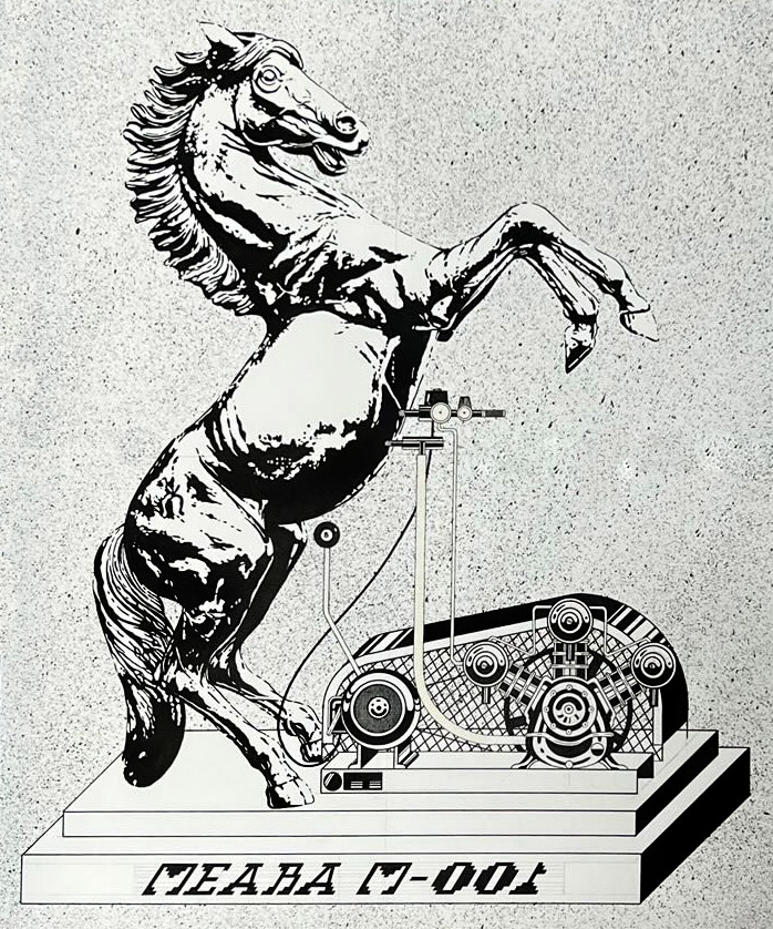 Flat Meara M-001 illustration. Rearing horse with machinery powering it.