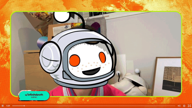 animated snoo avatar overlayed on video call footage