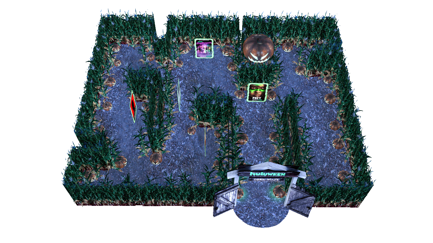 Animated demonstration of the corn maze with pumpkins lighting up in a path